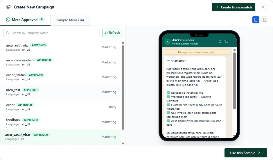 Create New Campaign window listing Meta approved WhatsApp templates with a phone preview of the message