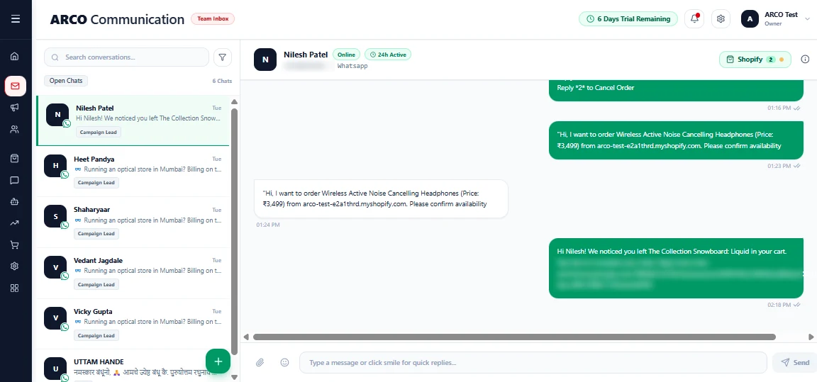 ARCO Communication team inbox inside Shopify admin showing WhatsApp conversations and a cart recovery message