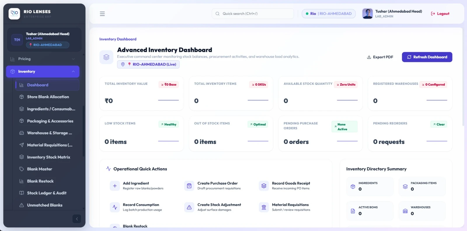 Arco Labs Advanced Inventory Dashboard with stock value, items, quantity, warehouses and quick actions