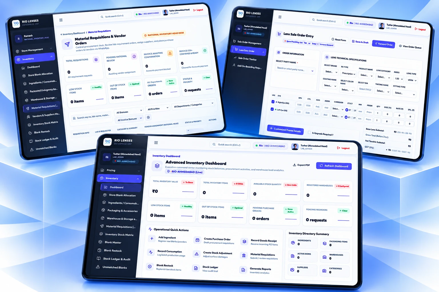 Arco Labs on three screens: inventory dashboard, material requisitions and lens sale order entry