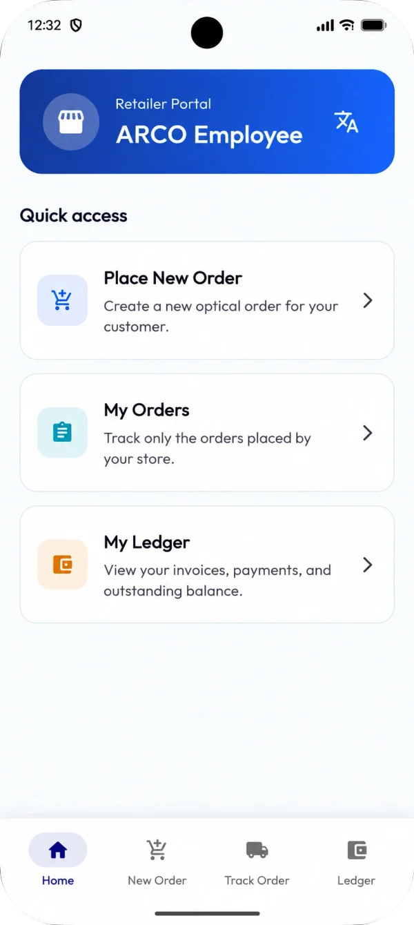 Arco Retail home screen with quick access to place new order, my orders and my ledger