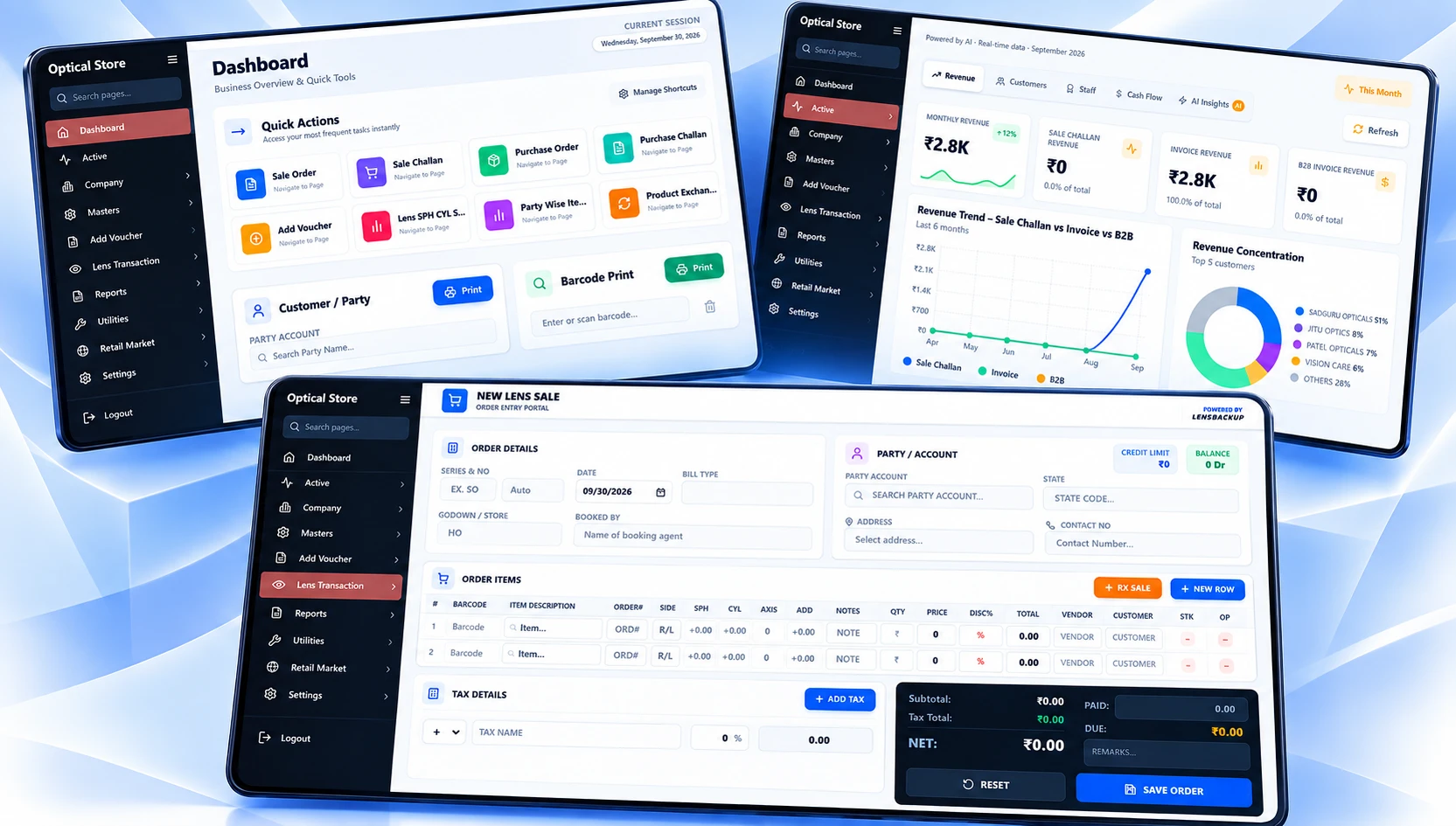 Arco Wholesale on three screens: dashboard with quick actions, revenue analytics and new lens sale entry